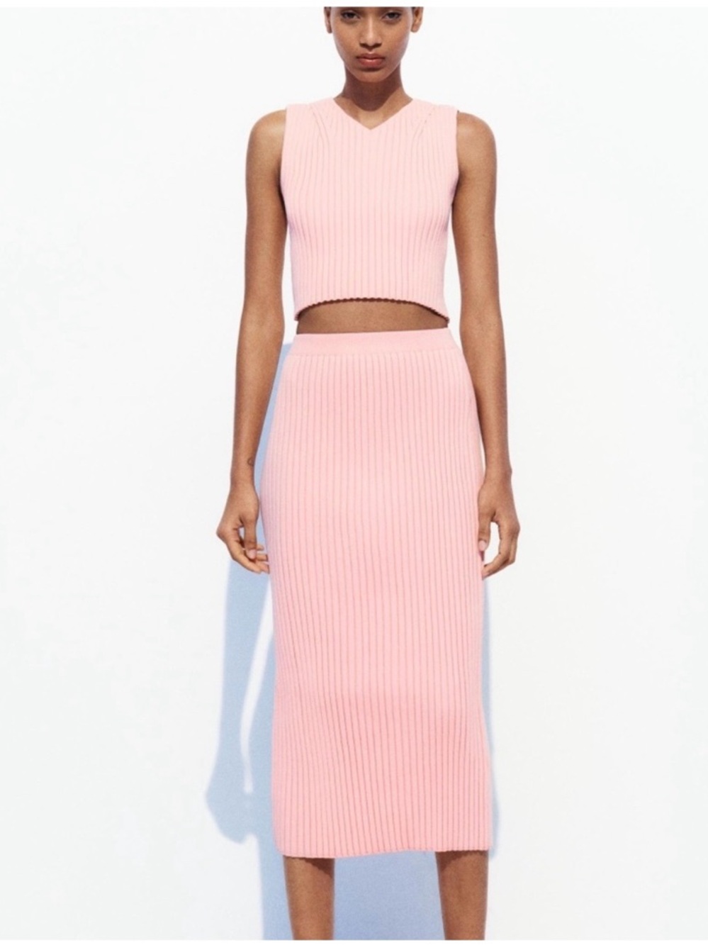 Zara Pink Ribbed Midi Skirt